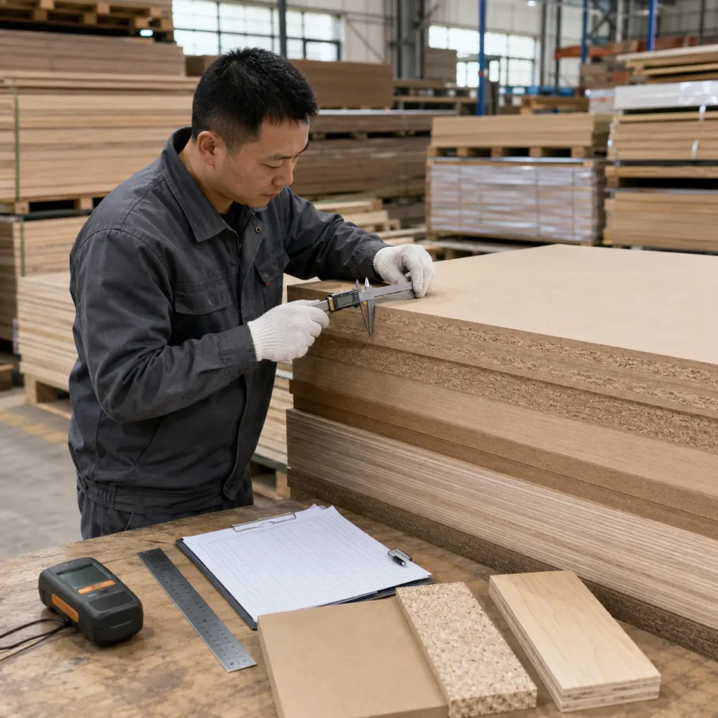 Quality control inspector using digital vernier caliper to measure panel thickness in a wooden furniture warehouse.