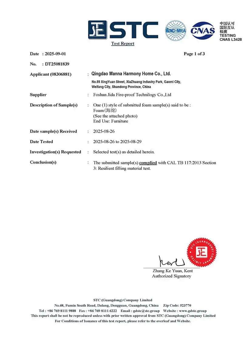 manna furniture cal tb117 fire safety test report