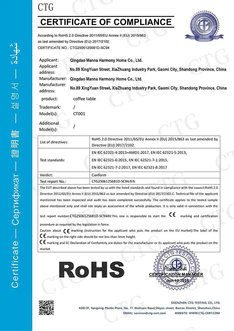 manna furniture coffee table rohs certificate