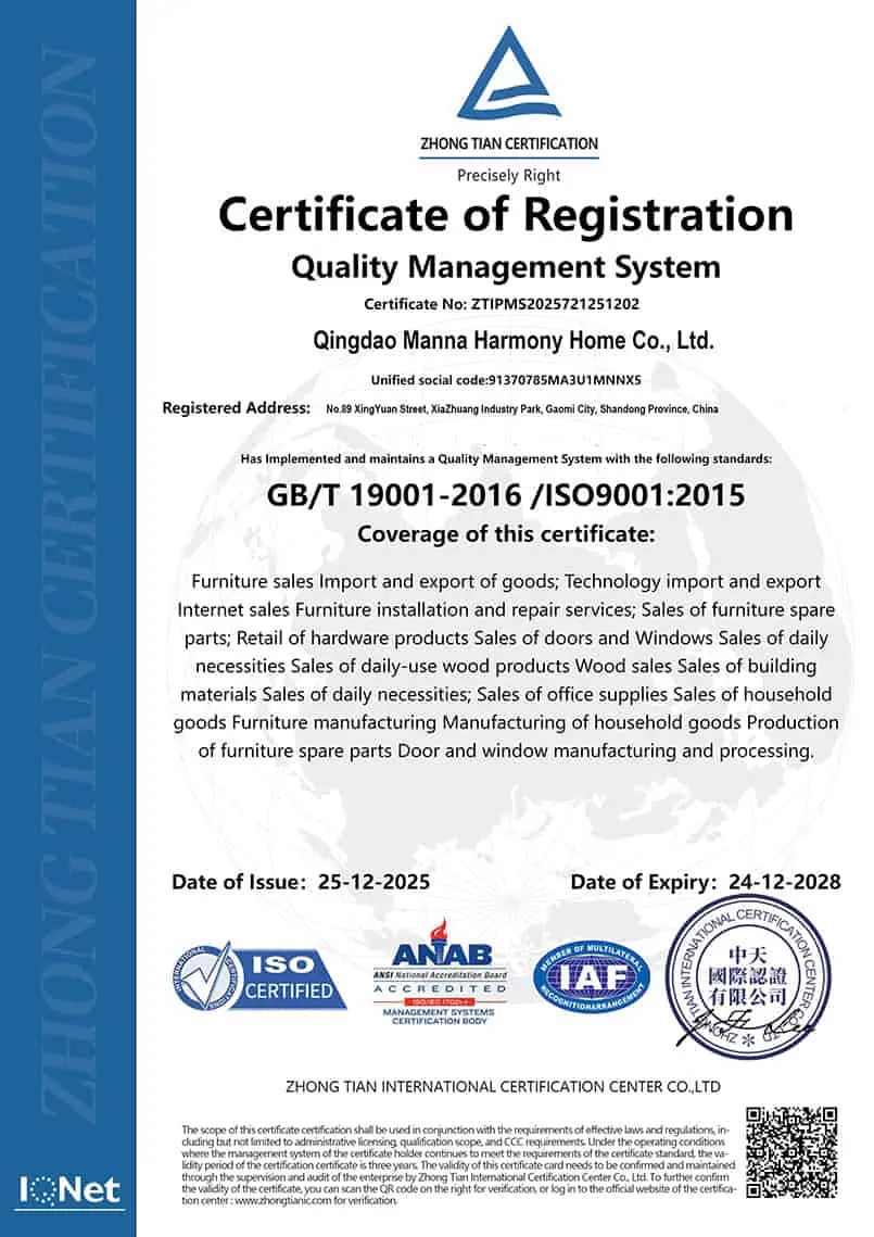 manna furniture factory iso9001 quality management certificate