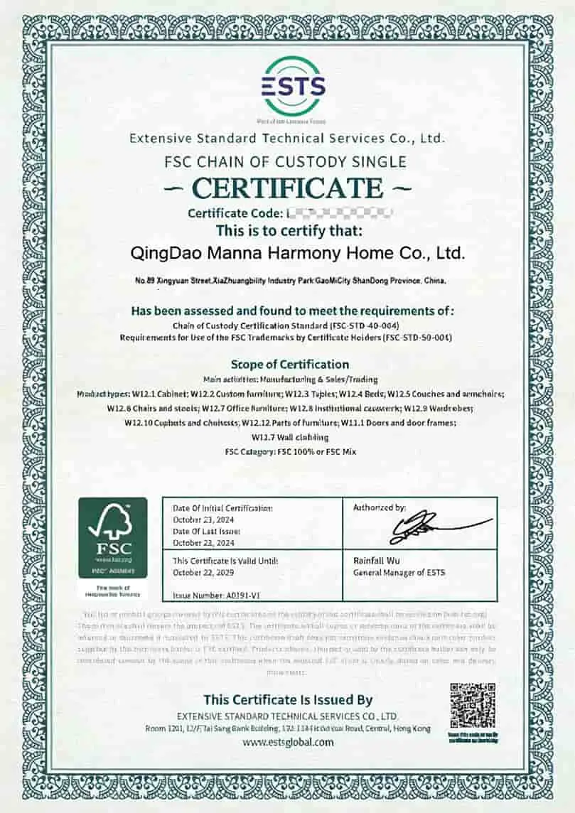 manna furniture fsc chain of custody certificate