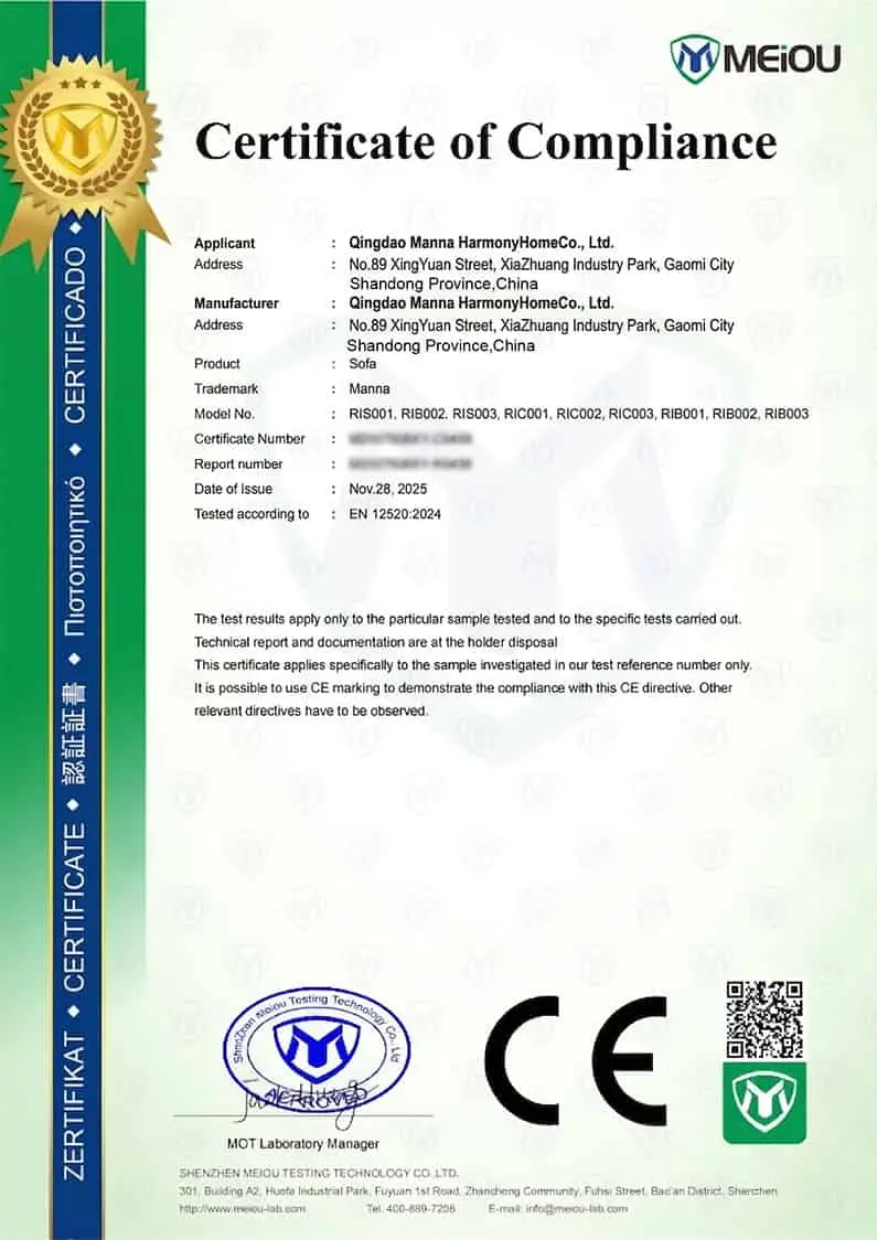 manna furniture sofa ce certificate en12520