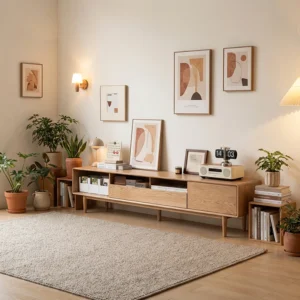 Manna Scandinavian Wood Media Console with Open Shelves and Drawers