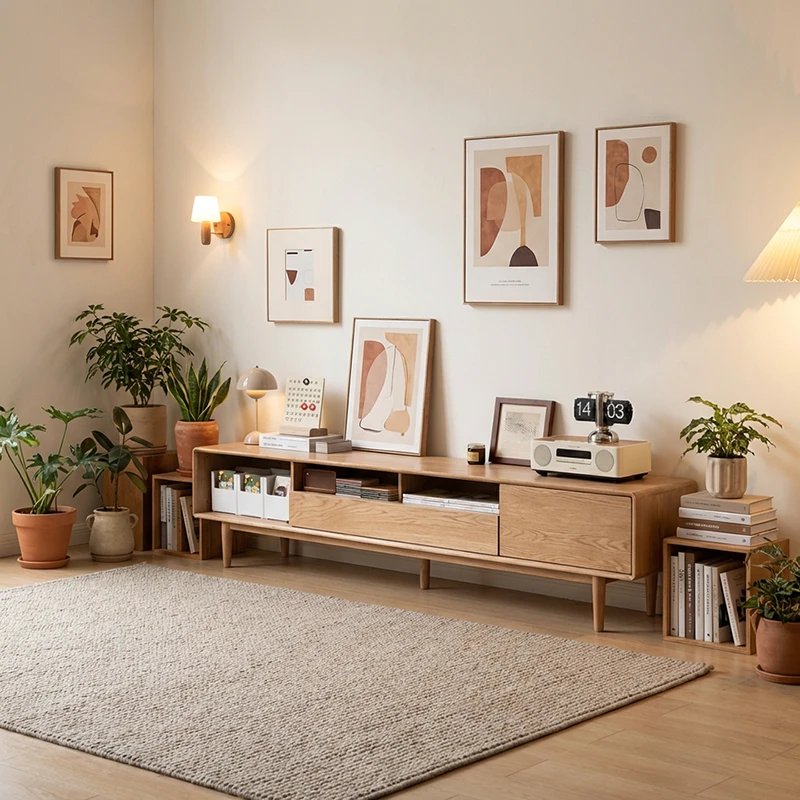 Manna Scandinavian Wood Media Console with Open Shelves and Drawers Manna Scandinavian Wood Media Console with Open Shelves and Drawers