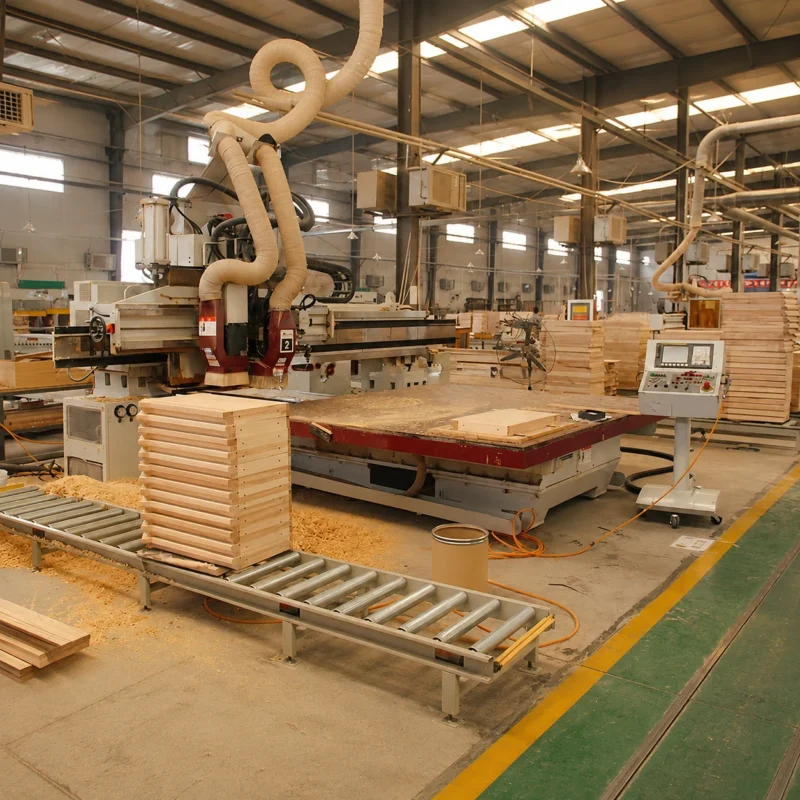 MannaHome solid wood furniture manufacturing facility featuring automated CNC woodworking machinery and precise panel processing.