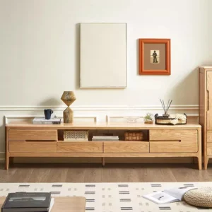 anna oak tv stand open shelf drawers living room