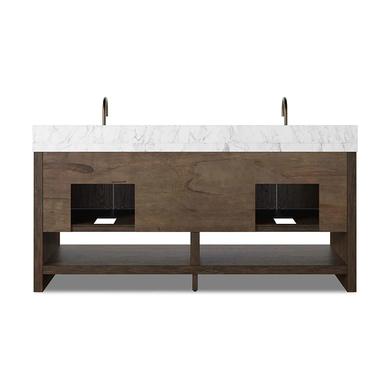 Rear view of double sink bathroom vanity cabinet showing dual square plumbing cutouts and solid back panel structure.