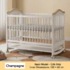 Champagne white solid wood baby crib with golden curved headboard and rolling wheels, inner size 120 by 65 cm.