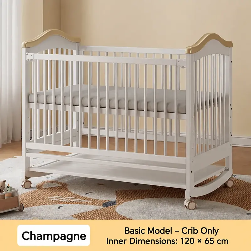 Champagne white solid wood baby crib with golden curved headboard and rolling wheels, inner size 120 by 65 cm.