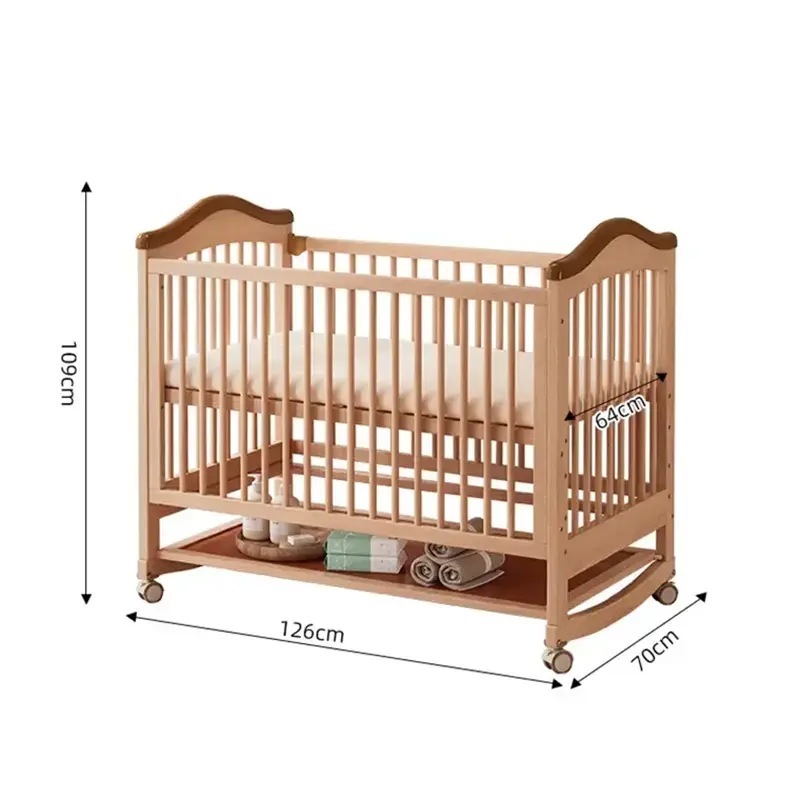 Technical dimension schematic of multi-functional wooden baby crib indicating height, width, and depth.