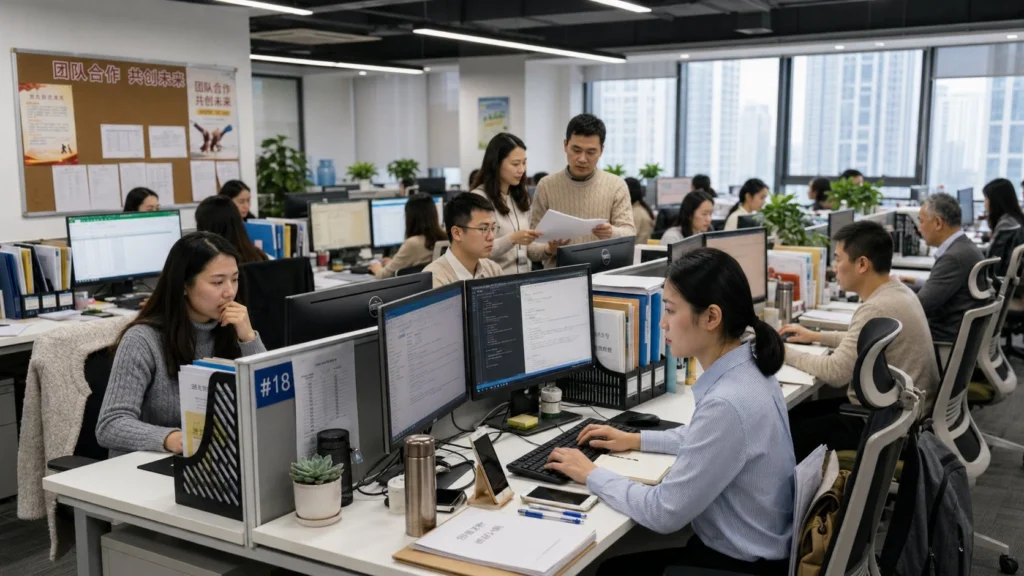Dedicated office team collaborating and working on computers in an open modern corporate workspace.