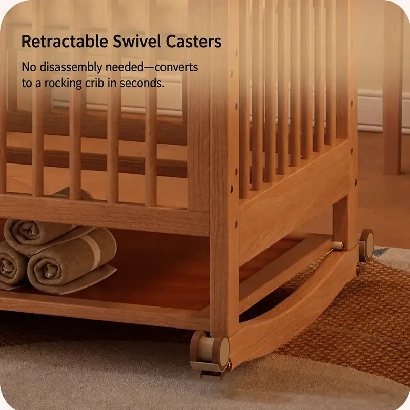 Close-up of retractable swivel casters that easily switch solid wood baby crib into a soothing rocking cradle.