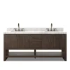 Front view of dark oak double basin vanity unit with four cabinet doors, two center drawers, and white veined marble backsplash.