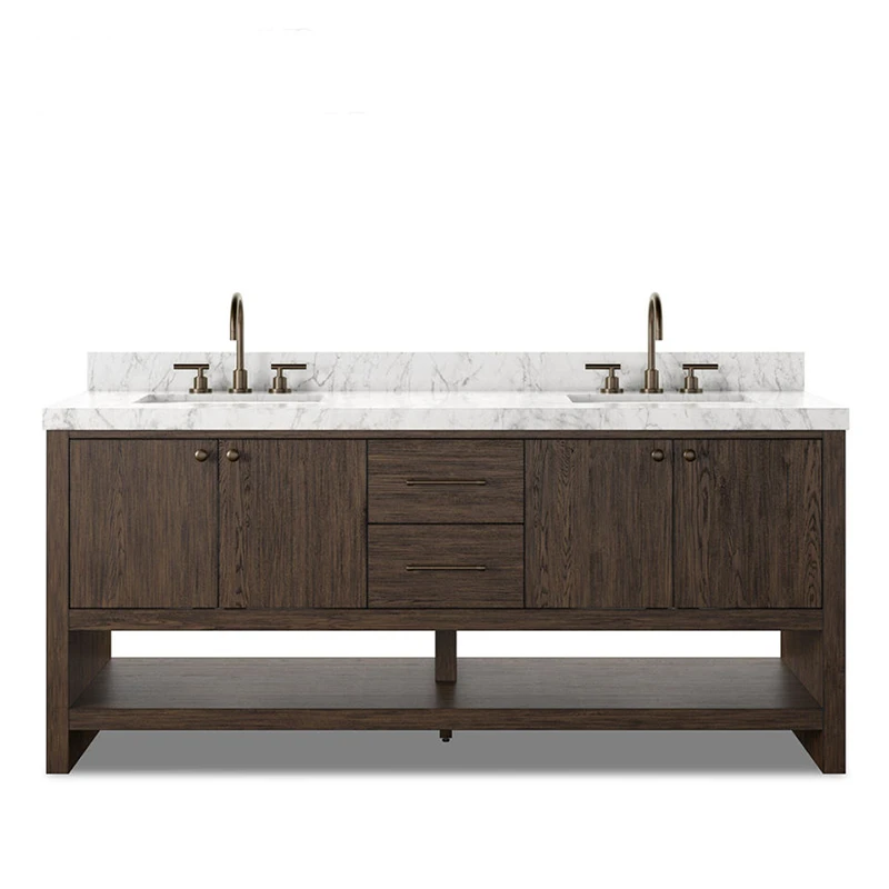 Front view of dark oak double basin vanity unit with four cabinet doors, two center drawers, and white veined marble backsplash.