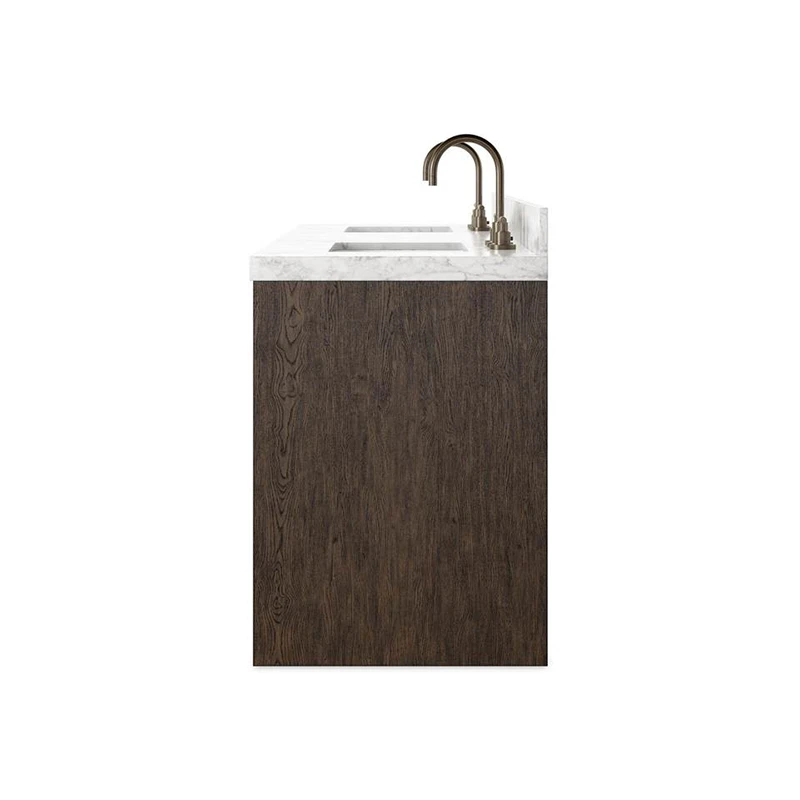 Side profile of dark oak wood bathroom vanity highlighting marble countertop edge, backsplash, and bronze gooseneck faucet.