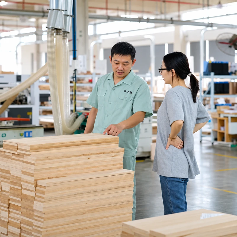 A furniture factory supervisor discusses product quality with a customer while inspecting a stack of light wood panels on the production floor.