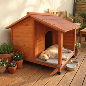 Solid cedar wood dog house featuring covered open porch, gray waterproof cushions, and elevated moisture-resistant legs.