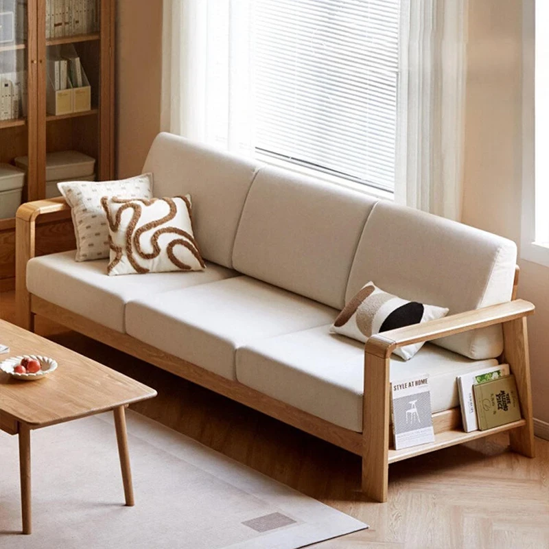 manna beige fabric 3 seater sofa wooden armrest storage