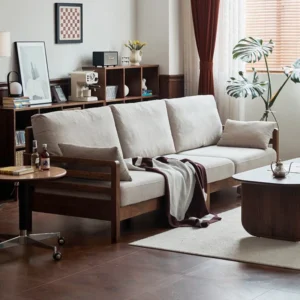 manna beige fabric 3 seater sofa wooden frame living room