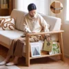 manna beige fabric sofa wooden armrest bookshelf lifestyle
