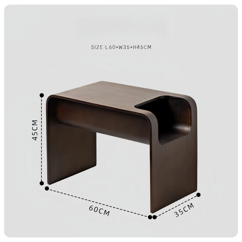 Dimension spec diagram for Manna dark walnut bentwood side table showing length 60cm, width 35cm, and height 45cm.