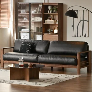 manna black leather 3 seater sofa wooden frame living room