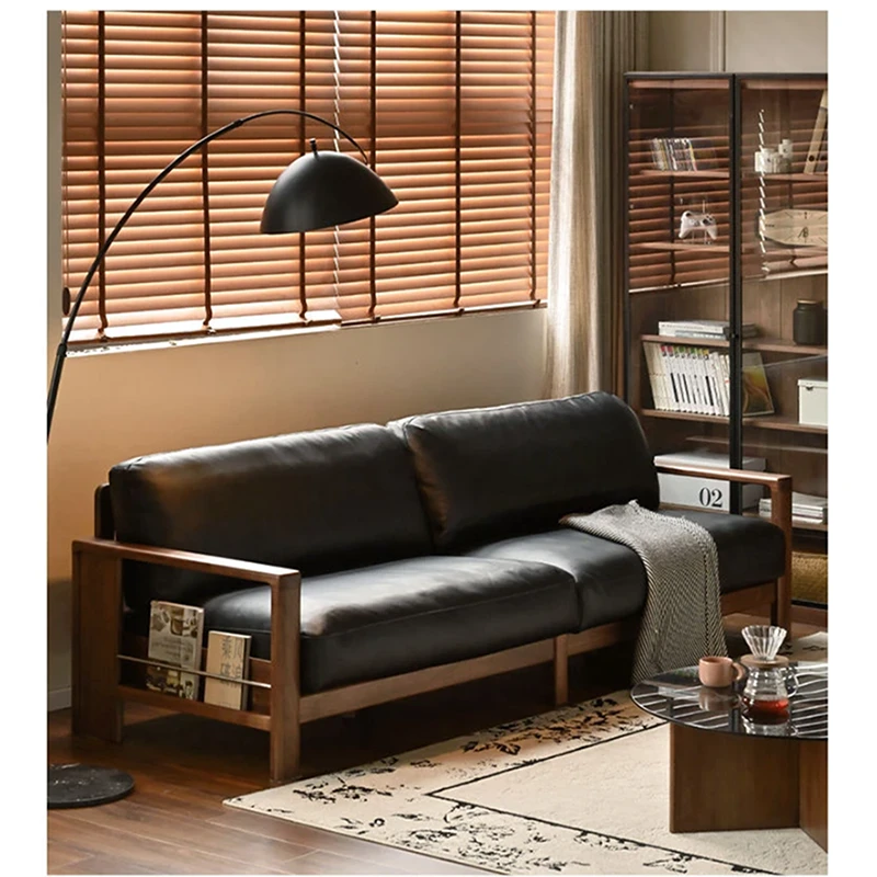 manna black leather sofa wooden side storage styled interior