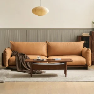 manna camel leather 3 seater sofa front view