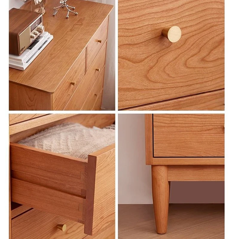 manna-cherry-wood-5-drawer-dresser-craftsmanship-details Craftsmanship details of Manna cherry wood 5-drawer dresser showing top panel grain, brass knob, drawer box, and tapered solid wood leg.