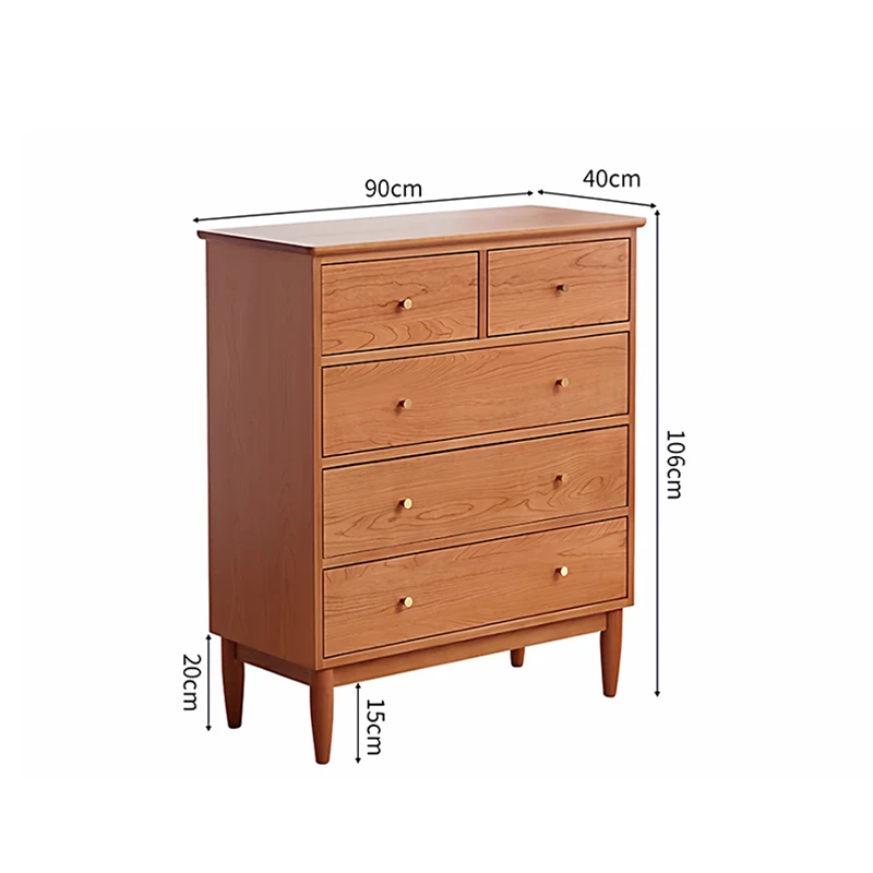 manna-cherry-wood-5-drawer-dresser-dimensions-spec Dimensions specification diagram for Manna cherry wood 5-drawer dresser showing width 90cm, depth 40cm, total height 106cm, and leg height 15cm.
