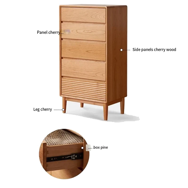 Material diagram for Manna cherry wood 5-drawer tall dresser with fluted bottom drawer, side panels, and pine drawer box.