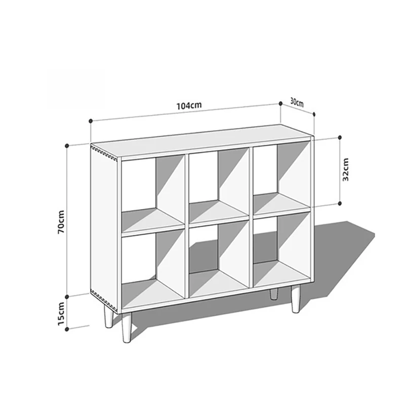 Dimensions specification diagram for Manna cherry wood 6-cube bookcase with legs showing length 104cm, depth 30cm, height 70cm, and leg height 15cm.