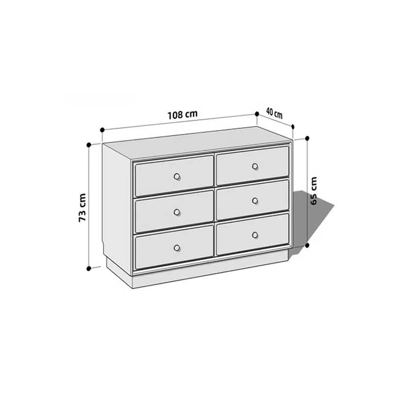 Dimensions specification diagram for Manna cherry wood 6-drawer dresser showing length 108cm, depth 40cm, total height 73cm, and body height 65cm.