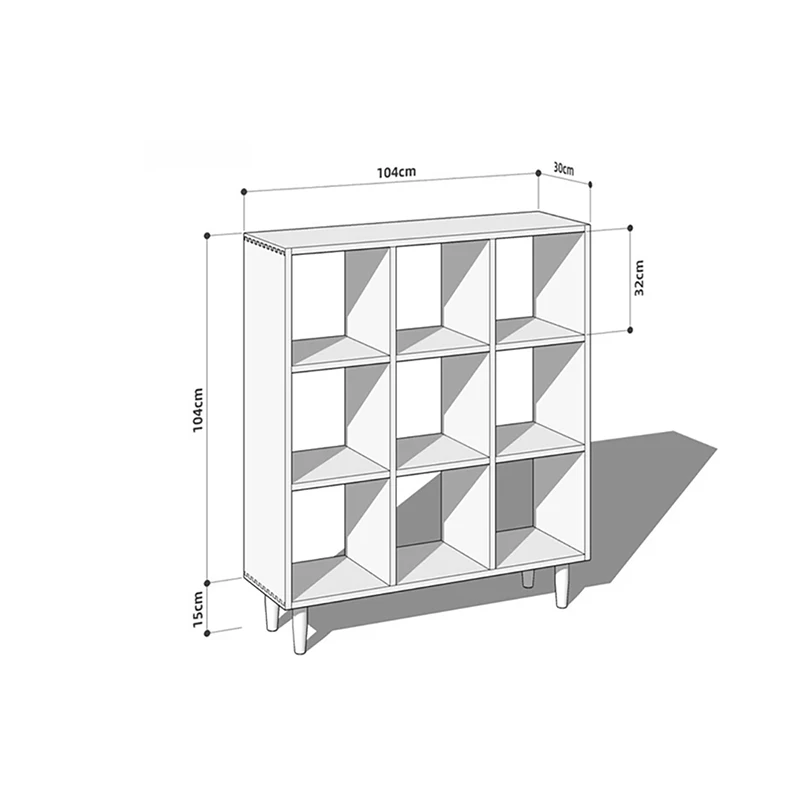Dimensions specification diagram for Manna cherry wood 9-cube bookcase with legs showing length 104cm, depth 30cm, height 104cm, and leg height 15cm.