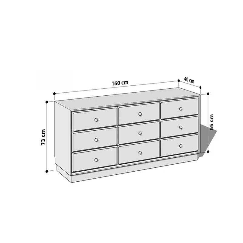 Dimensions specification diagram for Manna cherry wood 9-drawer dresser showing length 160cm, depth 40cm, total height 73cm, and body height 65cm.