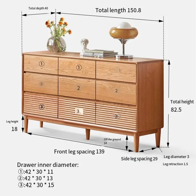 manna-cherry-wood-9-drawer-wide-dresser-dimensions-spec Dimensions specification diagram for Manna cherry wood 9-drawer wide dresser showing length 150.8cm, depth 40cm, and total height 82.5cm.