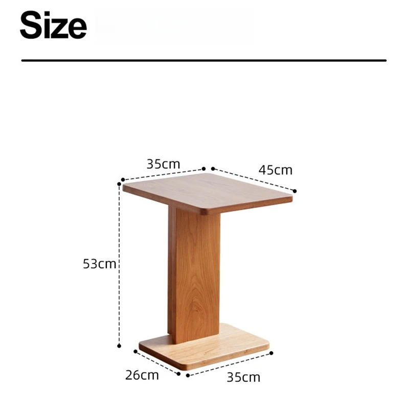 Manna cherry wood C-shaped side table dimension diagram showing tabletop width 35cm, depth 45cm, and total height 53cm.