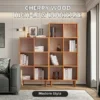 manna-cherry-wood-high-low-cube-bookcase-set-living-room Manna cherry wood high-low open cube bookcases styled side-by-side in a modern living room next to a sofa.