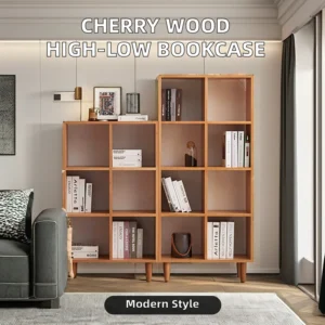 Manna cherry wood high-low open cube bookcases styled side-by-side in a modern living room next to a sofa.