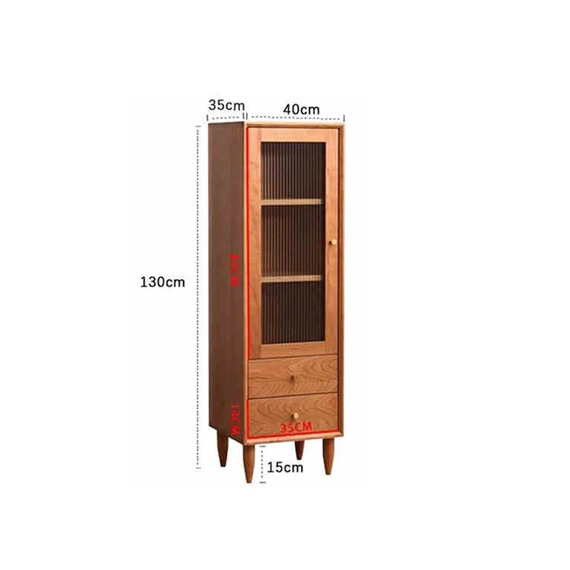 Dimensions specification diagram for Manna cherry wood narrow fluted glass cabinet 130cm height with 2 drawers showing width 40cm, depth 35cm, total height 130cm, and leg height 15cm.