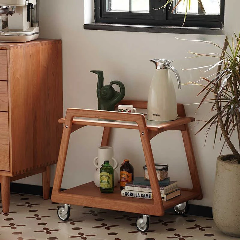 manna cherry wood serving bar cart wheels kitchen
