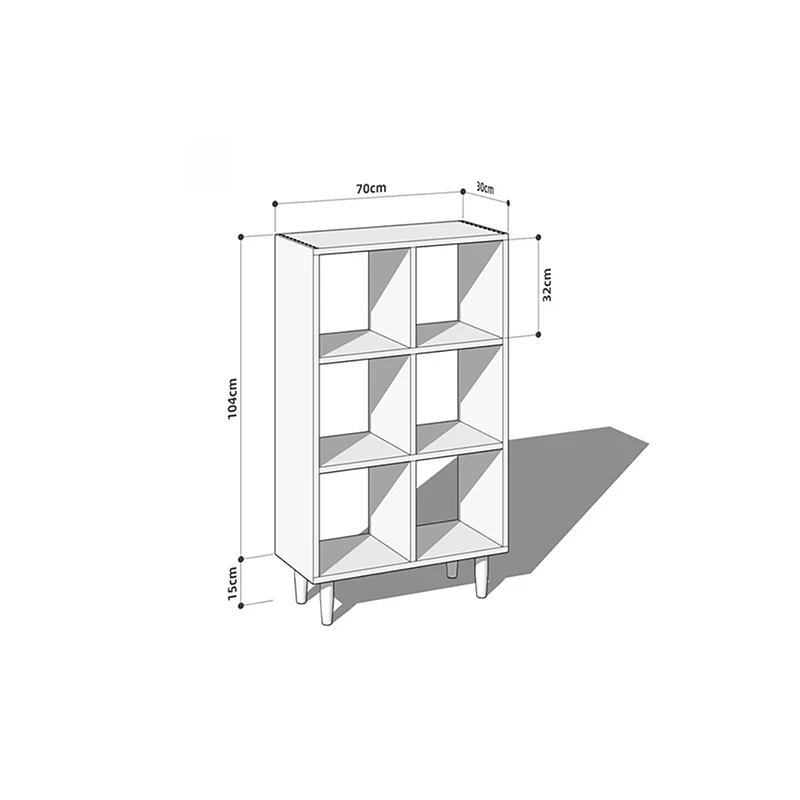Dimensions specification diagram for Manna cherry wood vertical 6-cube bookcase with legs showing length 70cm, depth 30cm, height 104cm, and leg height 15cm.