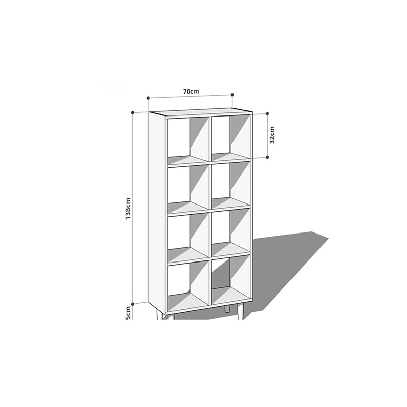 Dimensions specification diagram for Manna cherry wood vertical 8-cube bookcase with legs showing length 70cm, depth 30cm, height 138cm, and leg height 15cm.