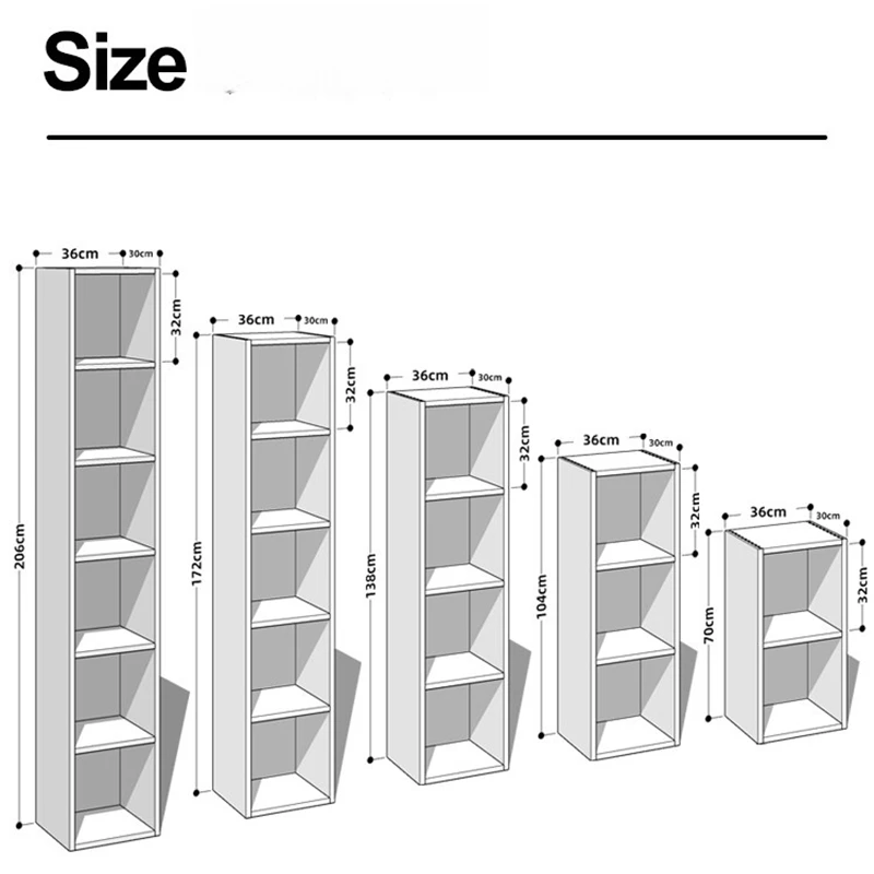 manna-cherry-wood-vertical-narrow-cube-bookcase-series-dimensions-spec.webp Dimensions specification diagram for Manna cherry wood vertical narrow 1-column bookcase series showing 2 to 6 tier models with width 36cm, depth 30cm, and heights from 70cm to 206cm.