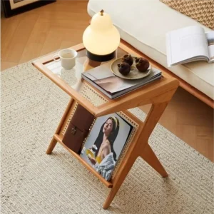 manna cherry wood z shaped side table glass top rattan magazine rack