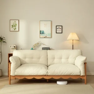manna cream fabric sofa scalloped base living room view