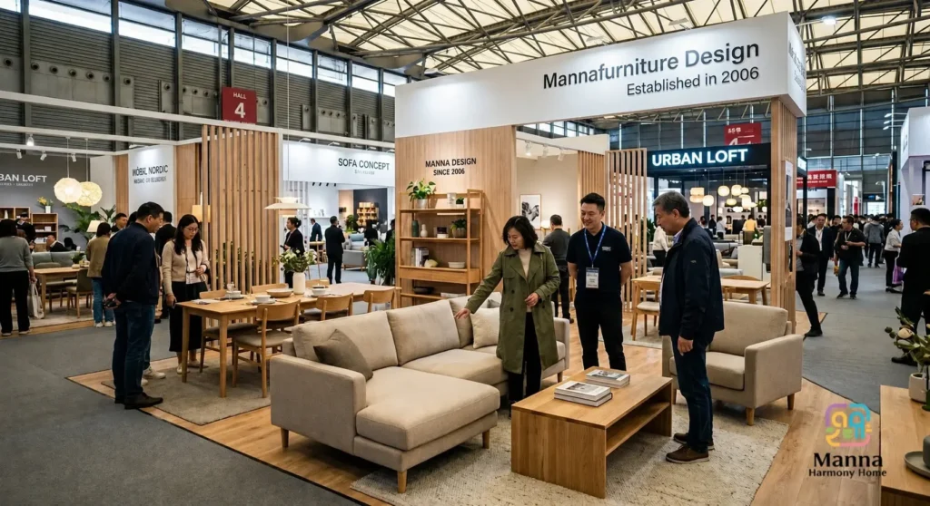 Manna Harmony Home international furniture trade exhibition booth featuring solid wood furniture and sofas.