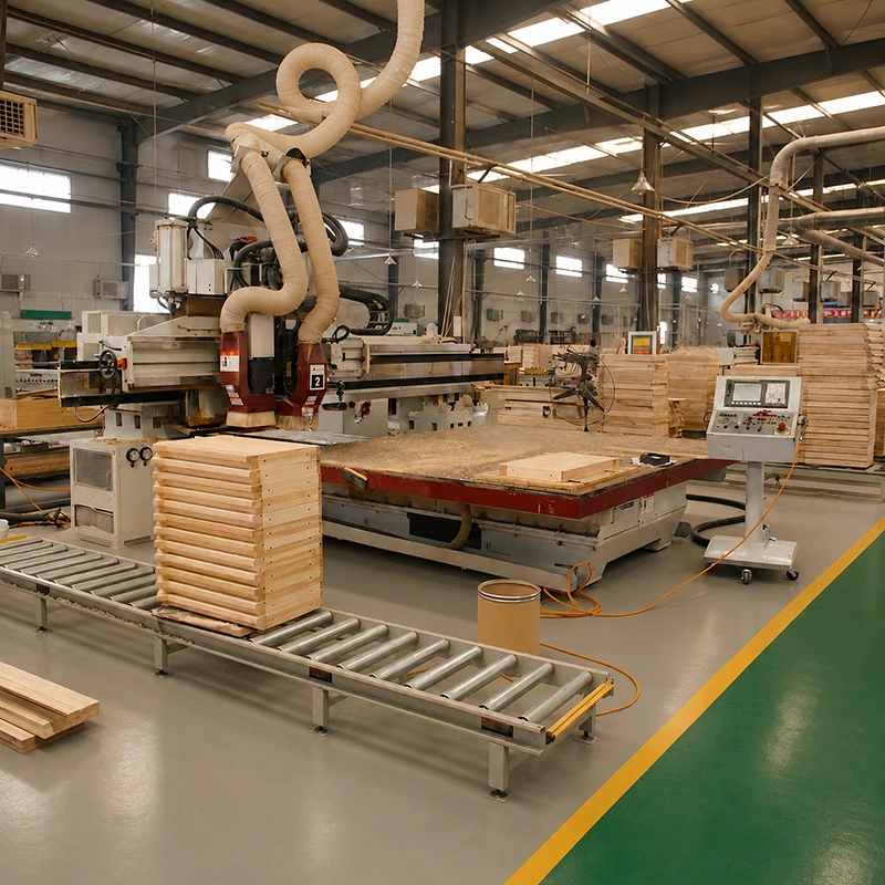 MannaHome solid wood furniture manufacturing facility featuring automated CNC woodworking machinery and precise panel processing.