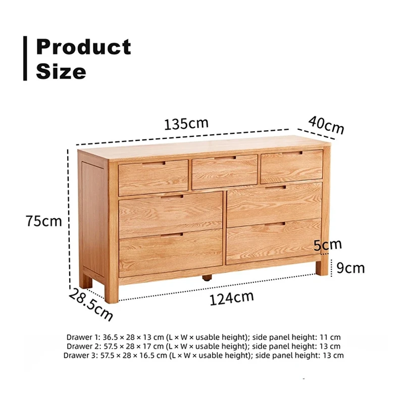 manna-oak-7-drawer-wide-dresser-dimensions-spec Alt 替代文本:Dimensions specification diagram for Manna oak 7-drawer wide dresser showing length 135cm, depth 40cm, total height 75cm, leg clearance 9cm, and individual drawer inner sizes.