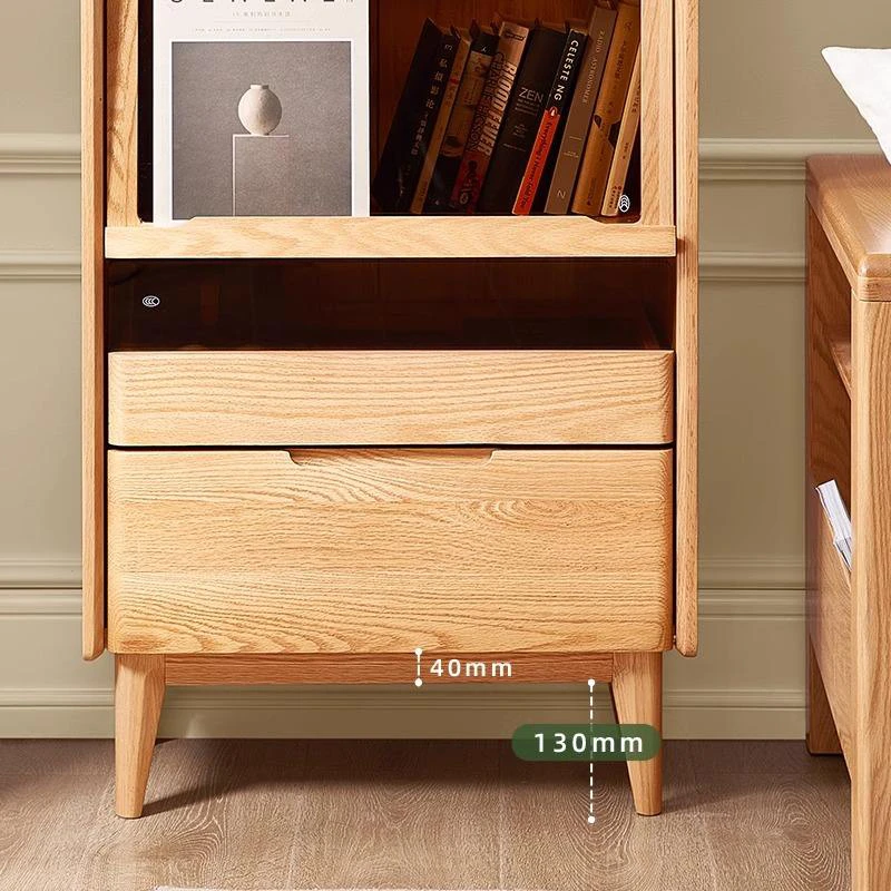 manna-oak-bookcase-drawer-base-leg-dimensions-spec Dimension callout diagram showing Manna oak bookcase base leg height 130mm and bottom frame thickness 40mm.